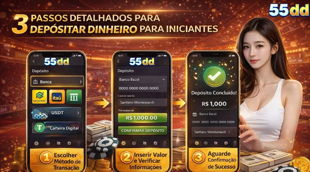Processo de depositar dinheiro simples, mostrando claramente cada passo